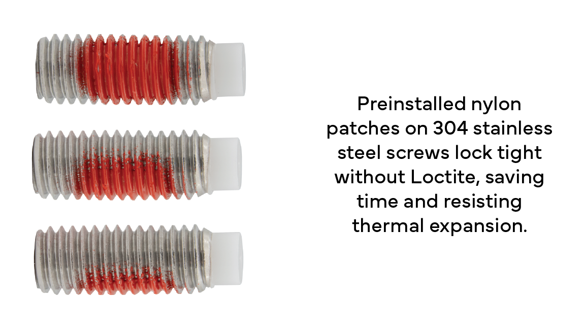 304 stainless set screws with nylon POM tips and red thread-lock patches